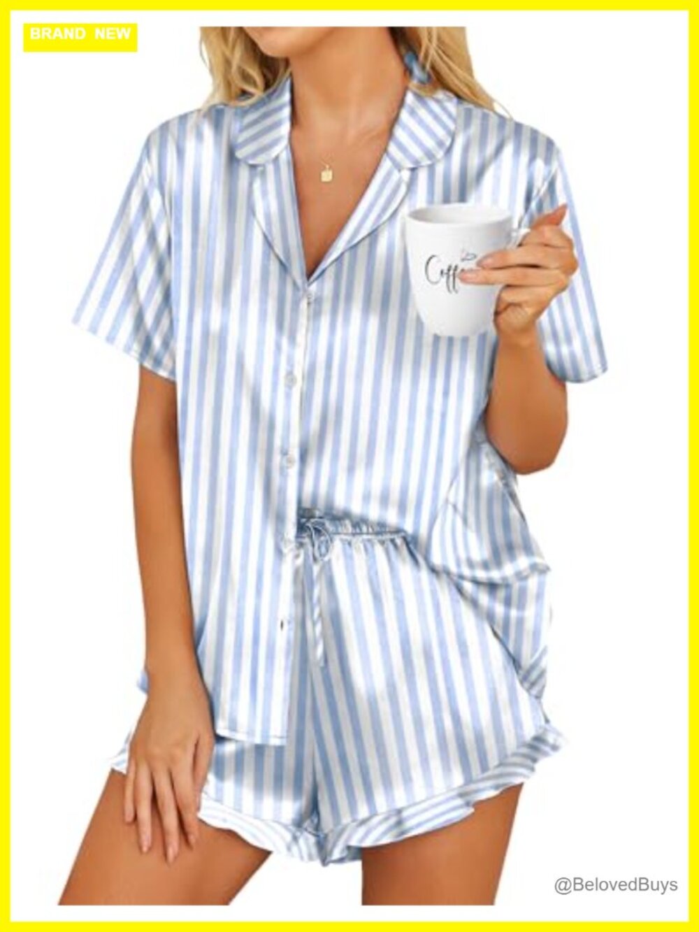 Satin Pajama Set Button Down 2 Piece Ruffle Shorts Sleepwear